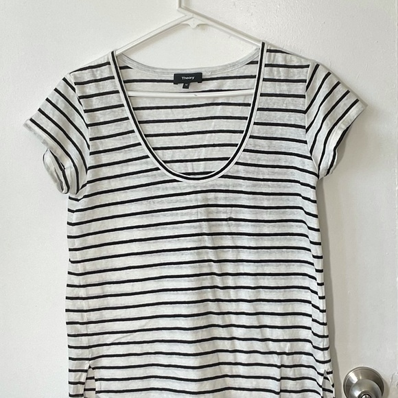 Theory womens tshirt white black stripe short sleeve linen top - Picture 5 of 6